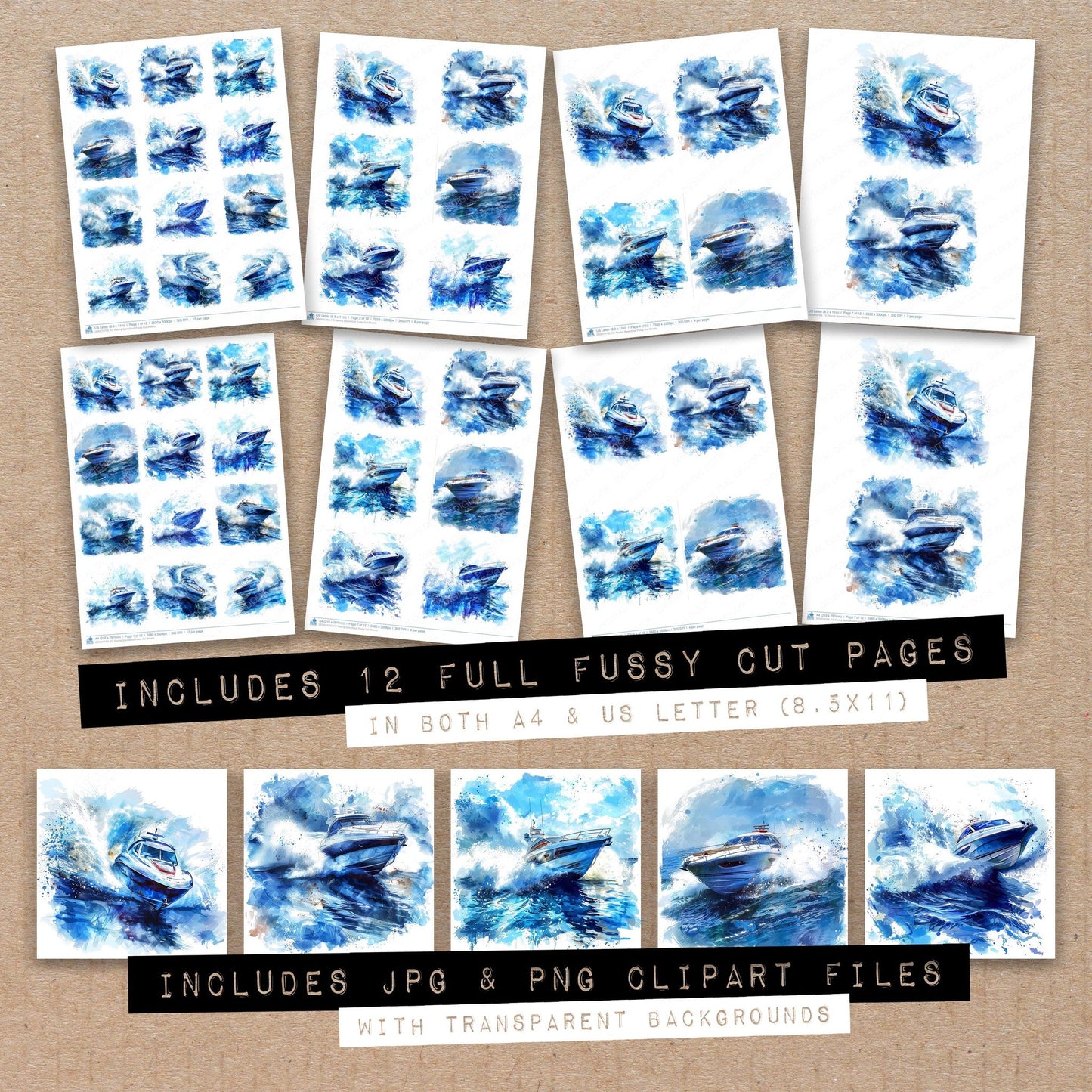 Full collection view of Racing Speedboat fussy cut sheets with bonus clipart JPG and PNG files