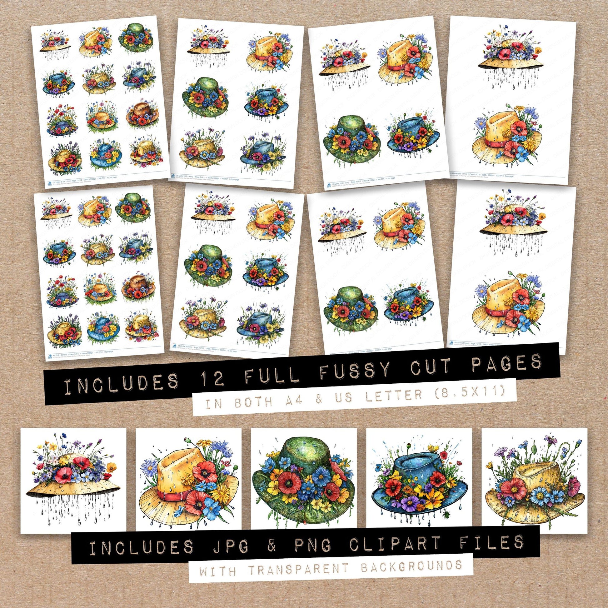 Full collection view of Rain Hat with Wildflowers fussy cut sheets with bonus clipart JPG and PNG files