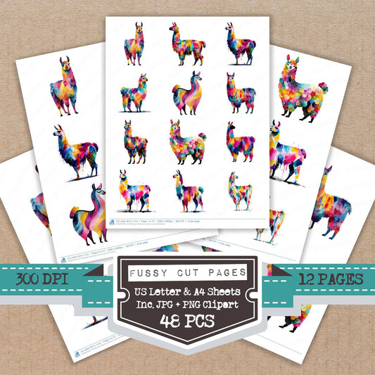 Rainbow Abstract Llama fussy cut printable sheets for junk journaling, scrapbooking, and paper craft projects