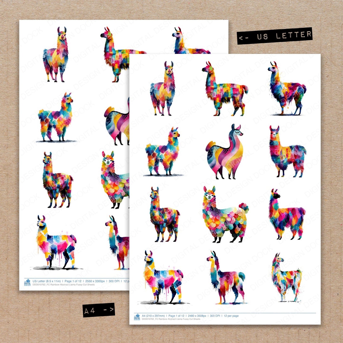 A4 and US Letter format comparison showing Rainbow Abstract Llama fussy cut pages for print and cut crafting