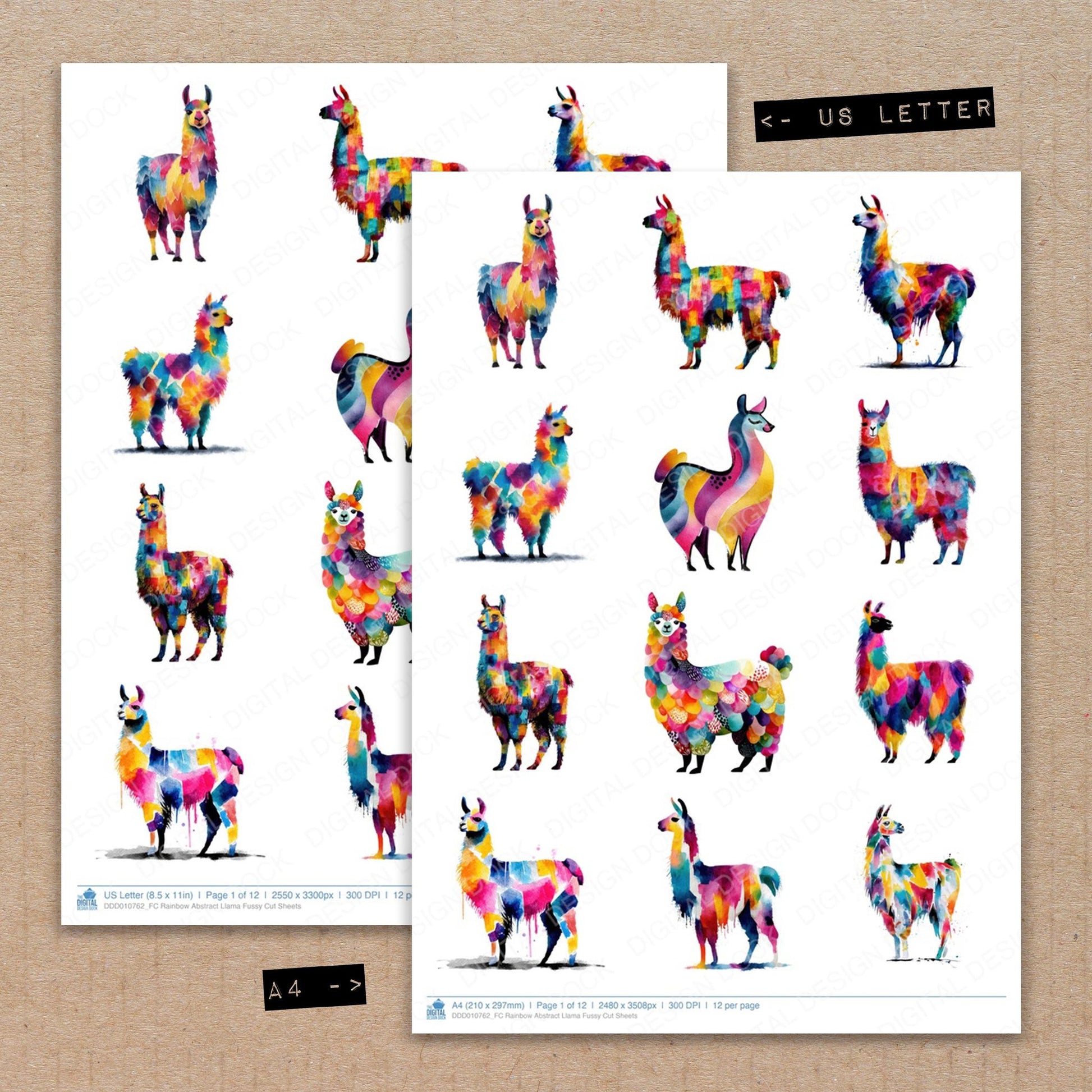 A4 and US Letter format comparison showing Rainbow Abstract Llama fussy cut pages for print and cut crafting