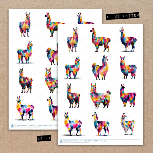 A4 and US Letter format comparison showing Rainbow Abstract Llama fussy cut pages for print and cut crafting
