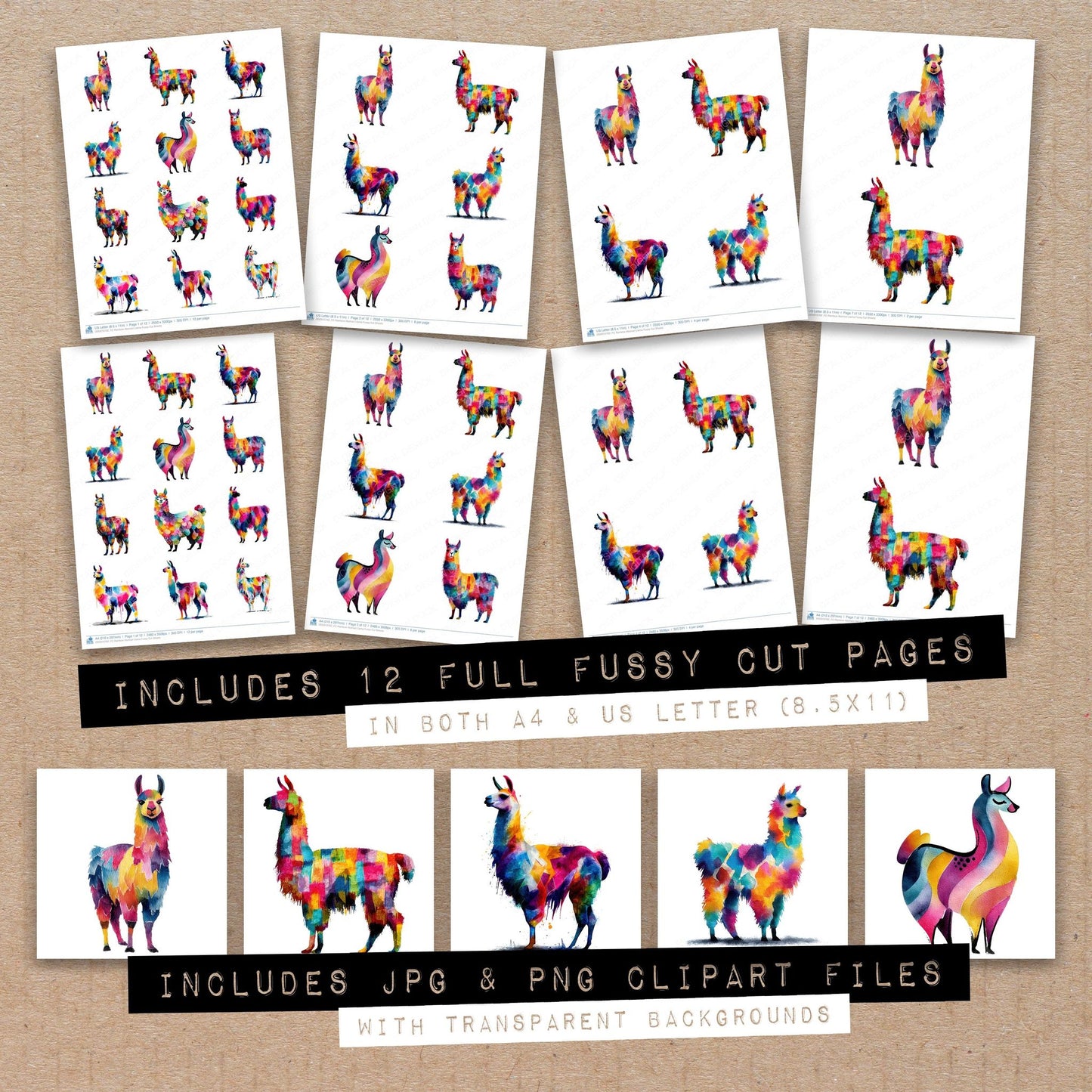 Full collection view of Rainbow Abstract Llama fussy cut sheets with bonus clipart JPG and PNG files