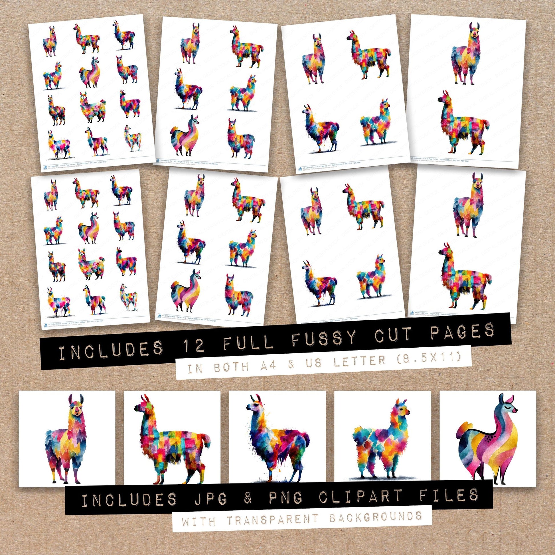 Full collection view of Rainbow Abstract Llama fussy cut sheets with bonus clipart JPG and PNG files