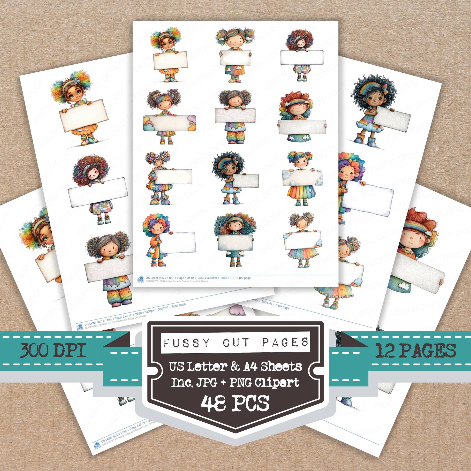 Rainbow Girl with Banner fussy cut printable sheets for junk journaling, scrapbooking, and paper craft projects