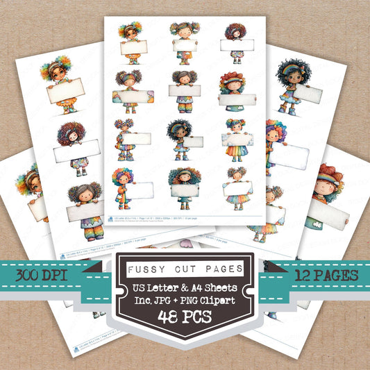 Rainbow Girl with Banner fussy cut printable sheets for junk journaling, scrapbooking, and paper craft projects