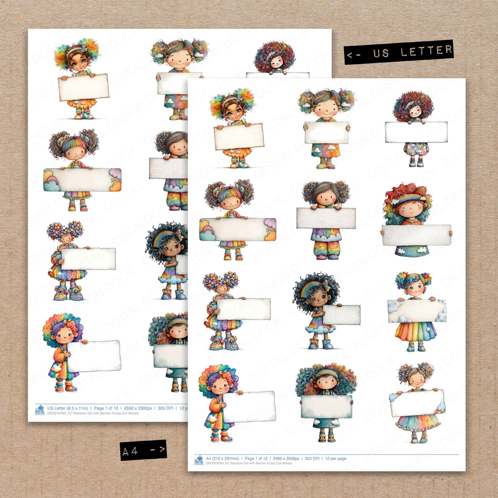 A4 and US Letter format comparison showing Rainbow Girl with Banner fussy cut pages for print and cut crafting