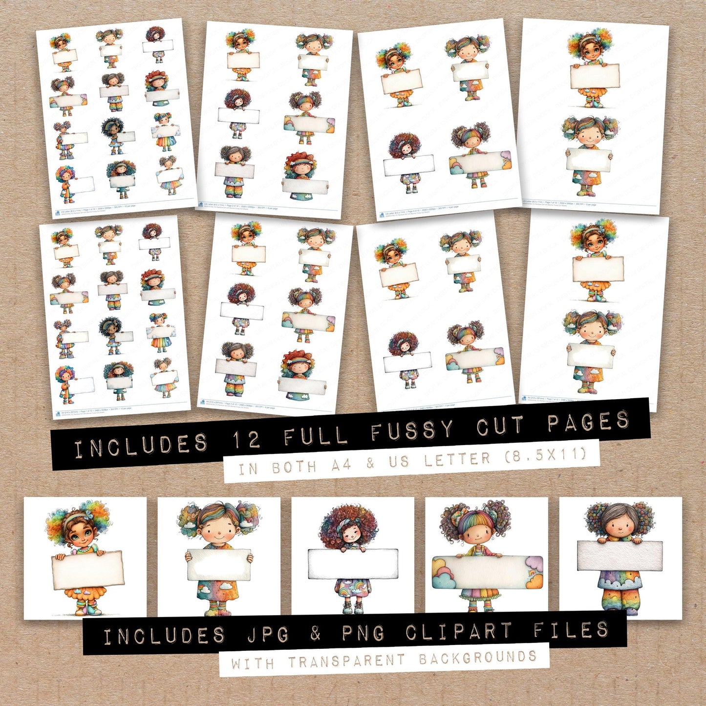 Full collection view of Rainbow Girl with Banner fussy cut sheets with bonus clipart JPG and PNG files
