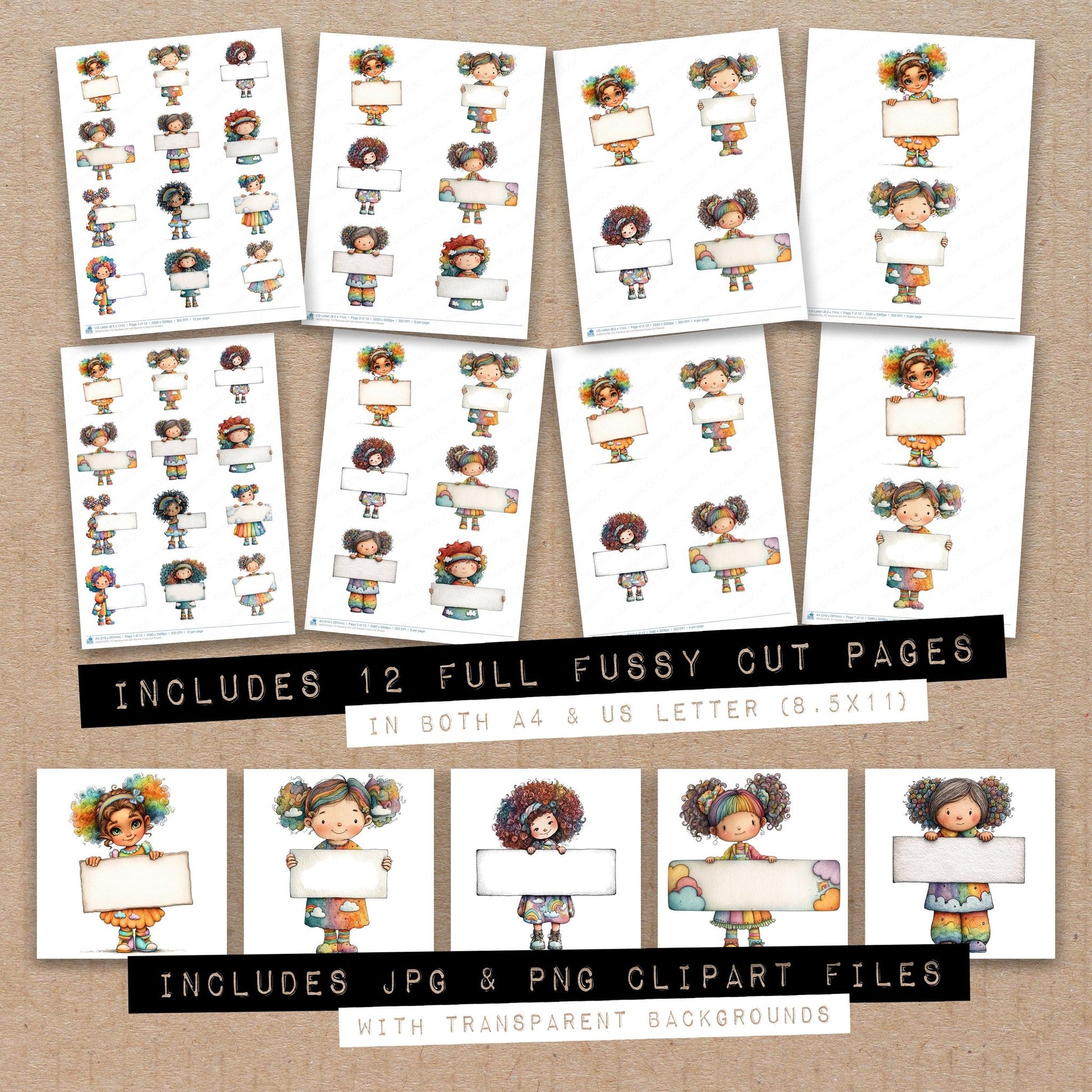 Full collection view of Rainbow Girl with Banner fussy cut sheets with bonus clipart JPG and PNG files