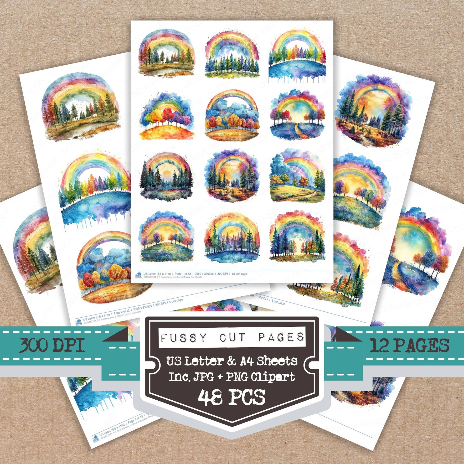 Rainbow over a Forest fussy cut printable sheets for junk journaling, scrapbooking, and paper craft projects