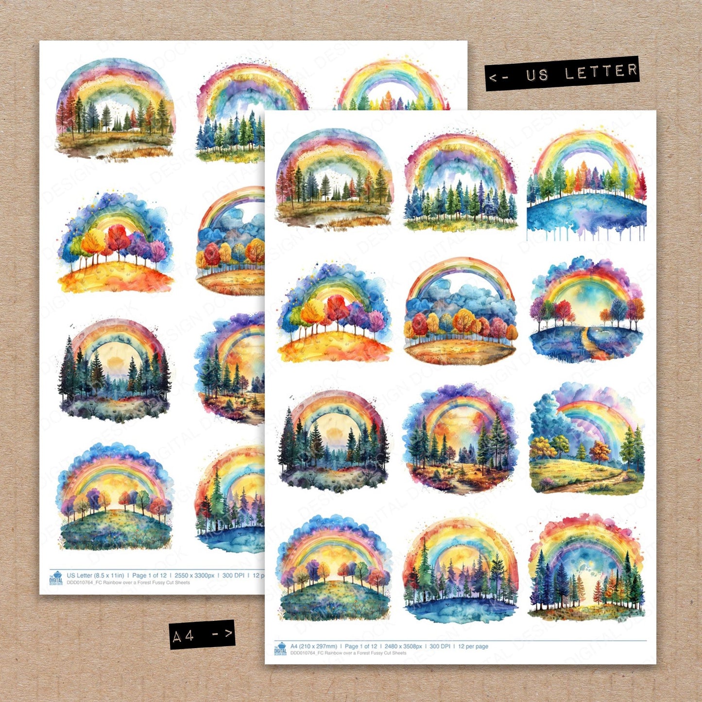 A4 and US Letter format comparison showing Rainbow over a Forest fussy cut pages for print and cut crafting