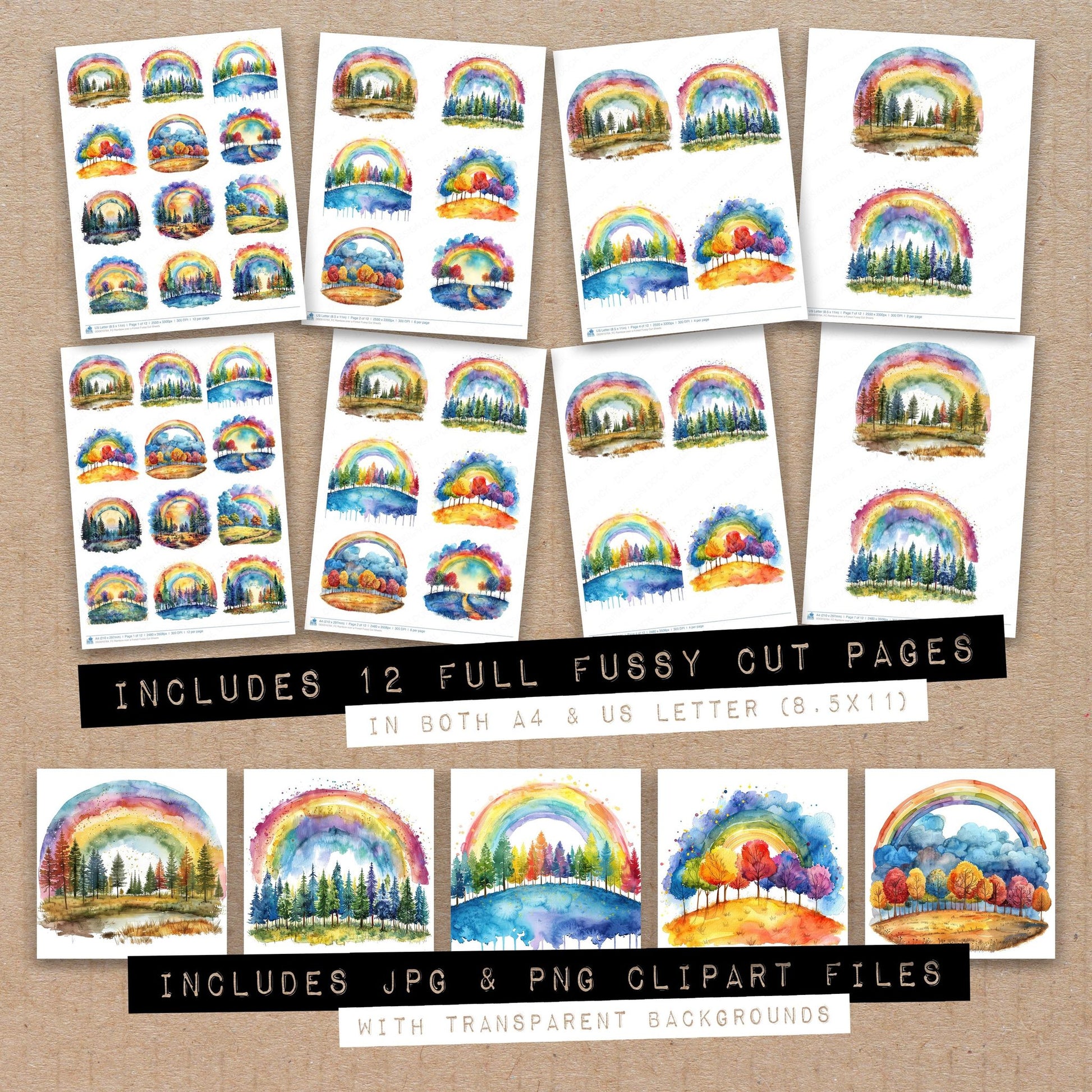 Full collection view of Rainbow over a Forest fussy cut sheets with bonus clipart JPG and PNG files