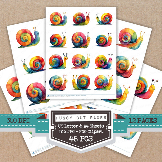 Rainbow Shell Snail fussy cut printable sheets for junk journaling, scrapbooking, and paper craft projects