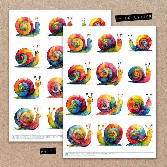 A4 and US Letter format comparison showing Rainbow Shell Snail fussy cut pages for print and cut crafting