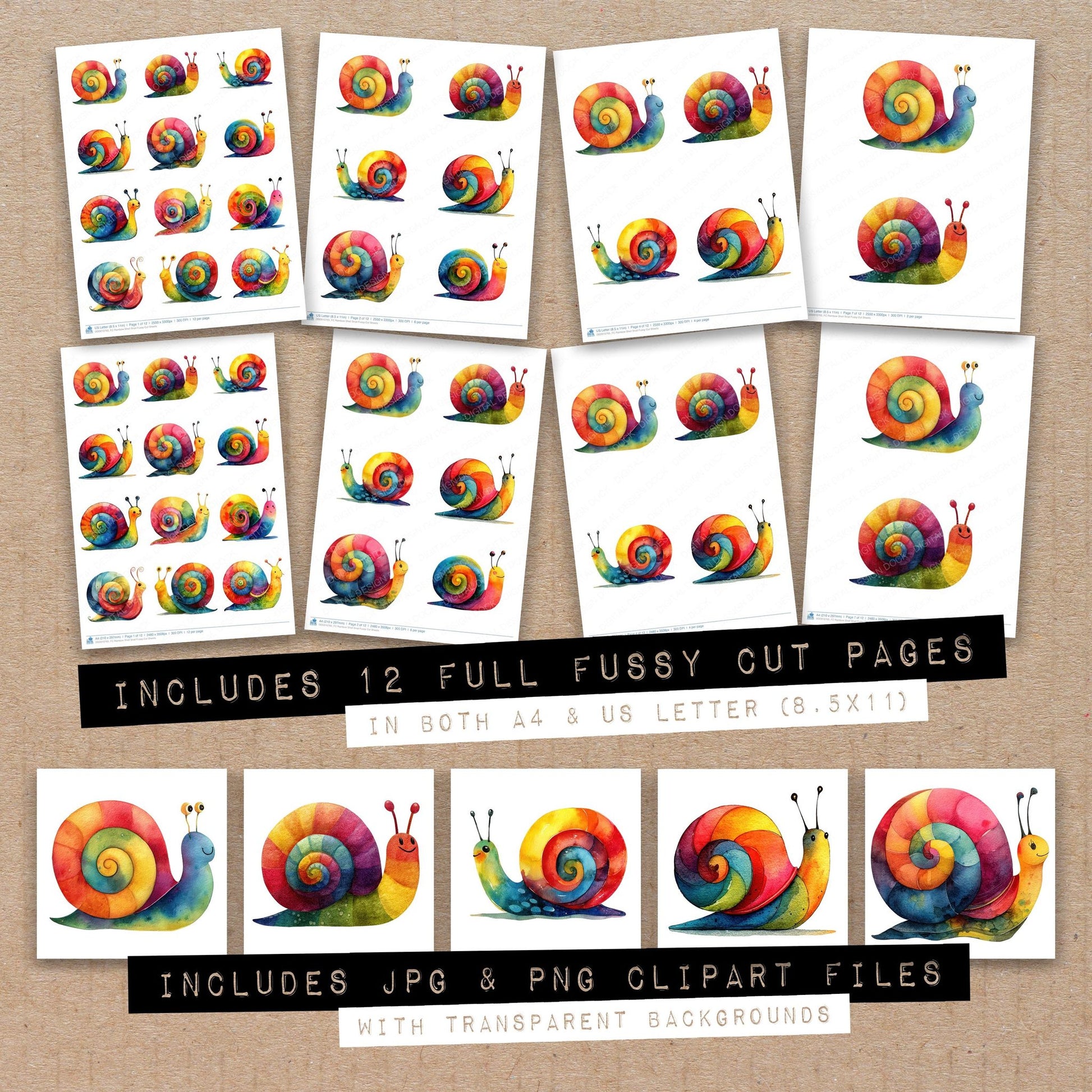 Full collection view of Rainbow Shell Snail fussy cut sheets with bonus clipart JPG and PNG files