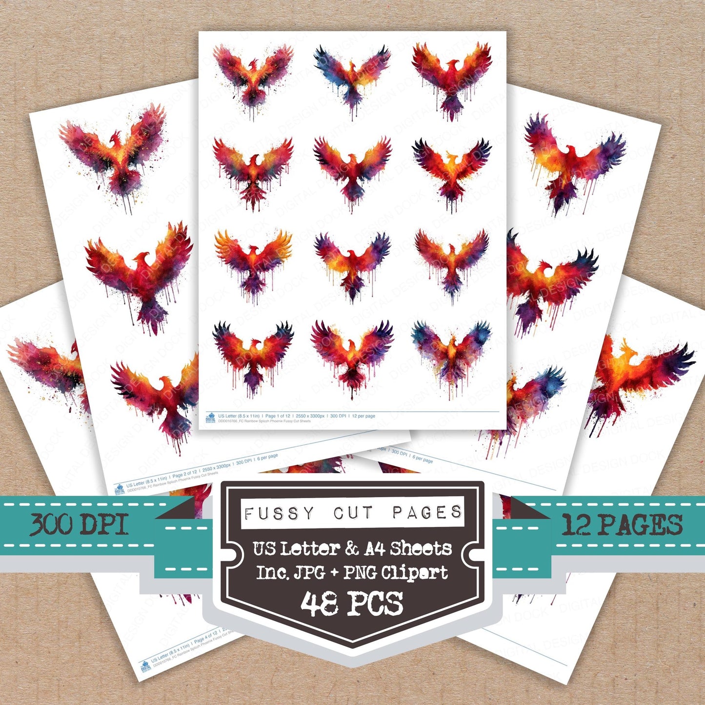 Rainbow Splash Phoenix fussy cut printable sheets for junk journaling, scrapbooking, and paper craft projects