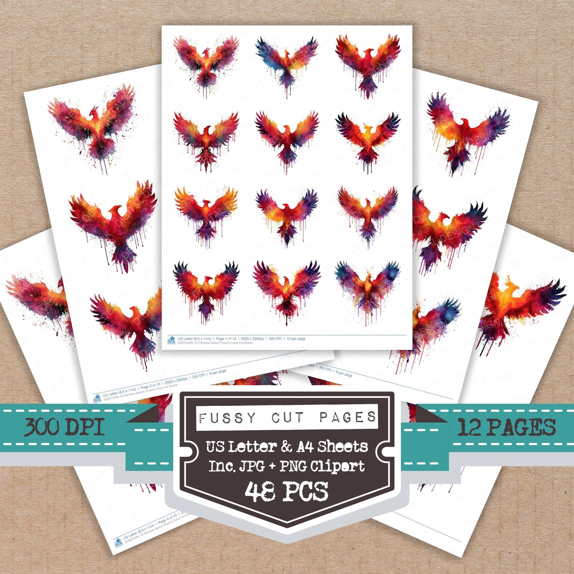 Rainbow Splash Phoenix fussy cut printable sheets for junk journaling, scrapbooking, and paper craft projects