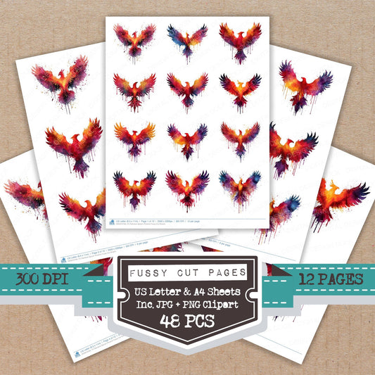 Rainbow Splash Phoenix fussy cut printable sheets for junk journaling, scrapbooking, and paper craft projects