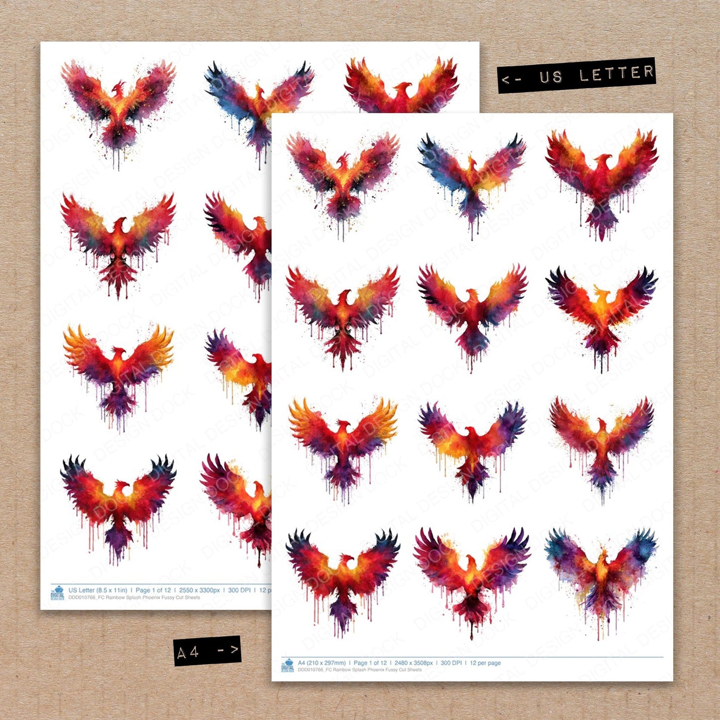 A4 and US Letter format comparison showing Rainbow Splash Phoenix fussy cut pages for print and cut crafting