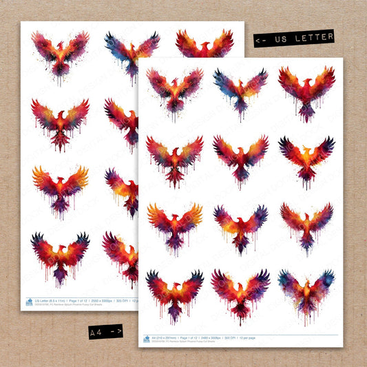 A4 and US Letter format comparison showing Rainbow Splash Phoenix fussy cut pages for print and cut crafting