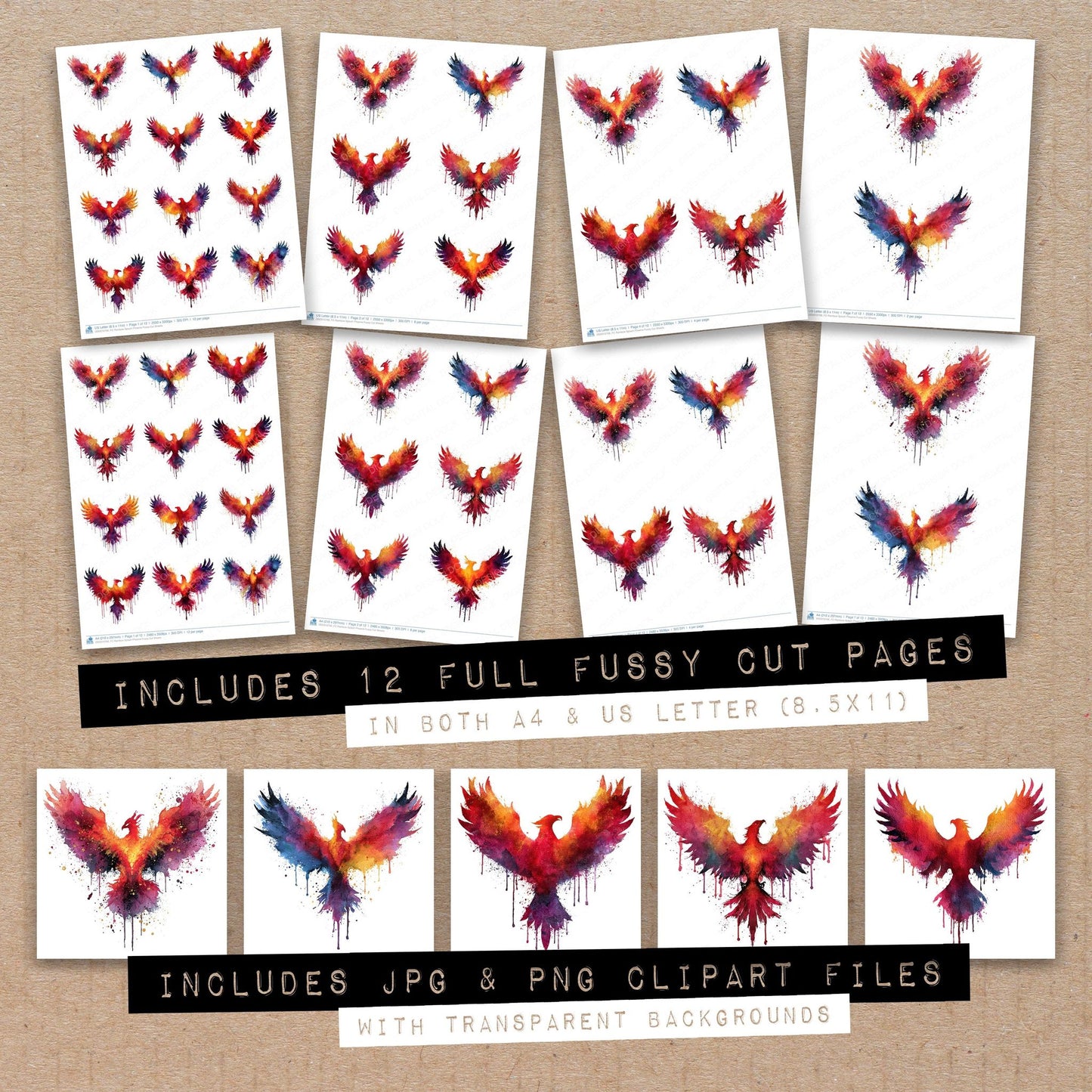 Full collection view of Rainbow Splash Phoenix fussy cut sheets with bonus clipart JPG and PNG files