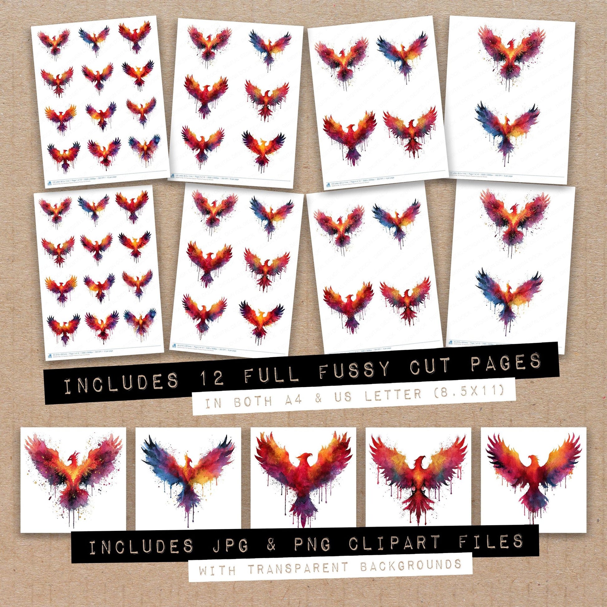 Full collection view of Rainbow Splash Phoenix fussy cut sheets with bonus clipart JPG and PNG files