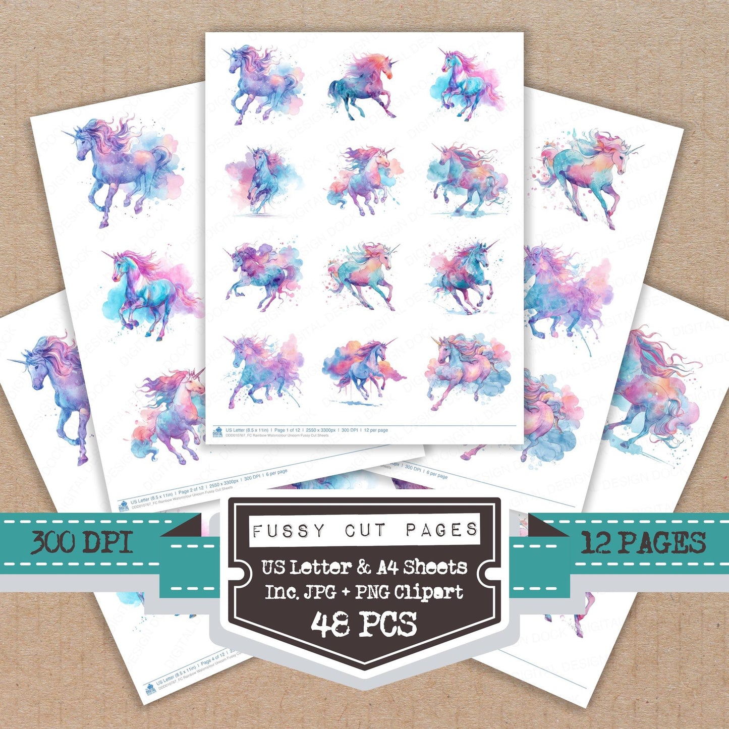 Rainbow Watercolour Unicorn fussy cut printable sheets for junk journaling, scrapbooking, and paper craft projects