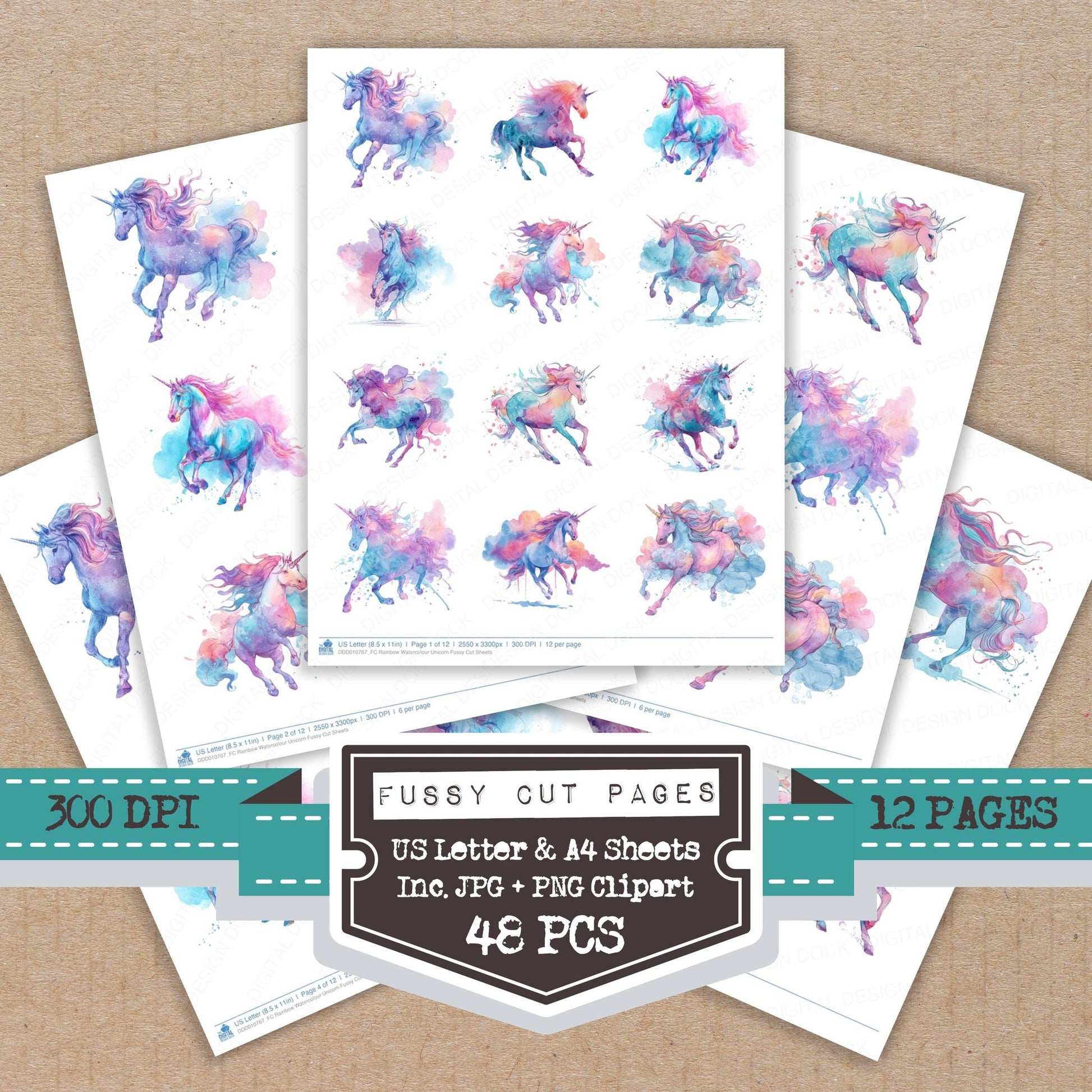 Rainbow Watercolour Unicorn fussy cut printable sheets for junk journaling, scrapbooking, and paper craft projects