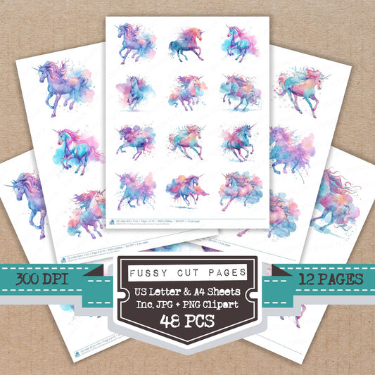 Rainbow Watercolour Unicorn fussy cut printable sheets for junk journaling, scrapbooking, and paper craft projects