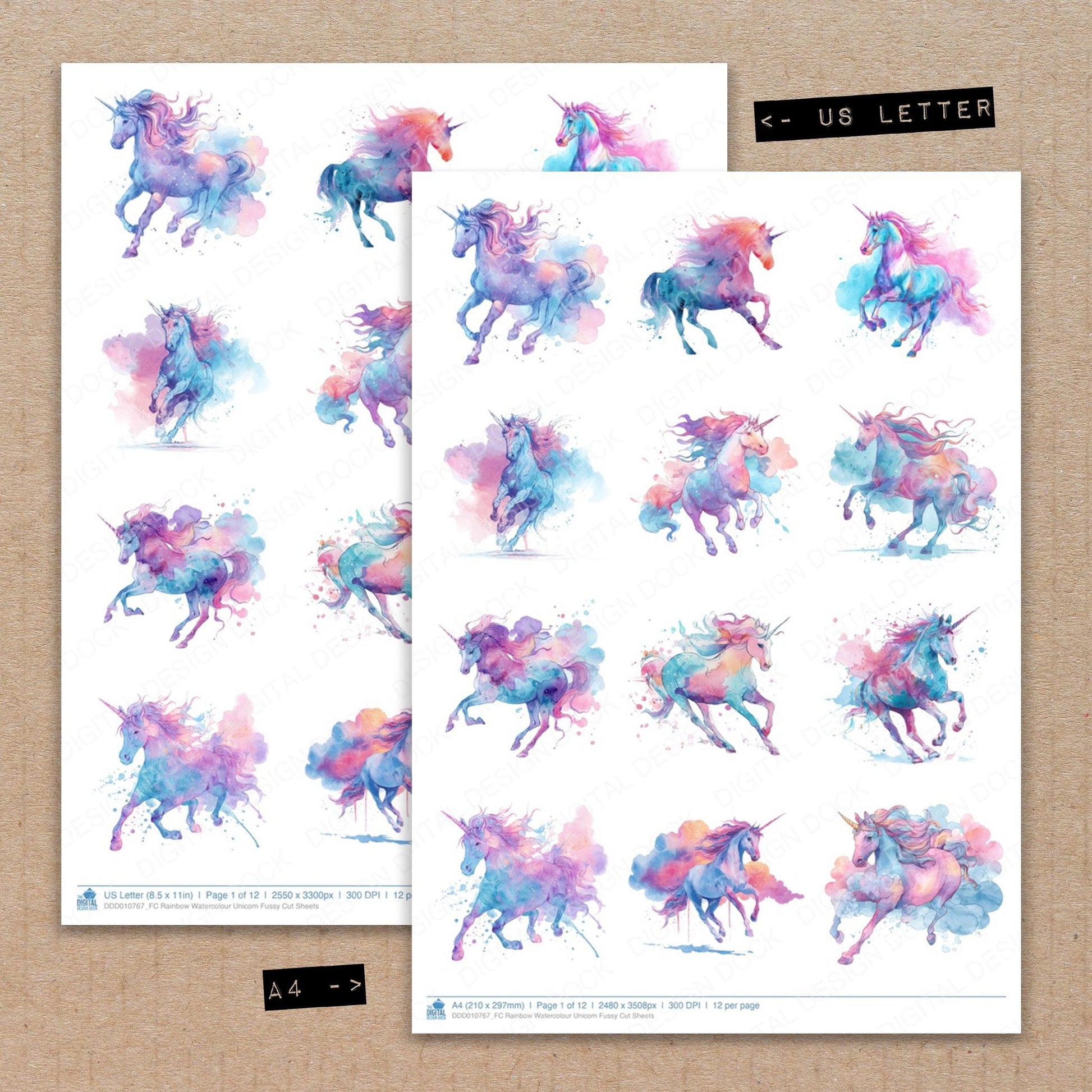 A4 and US Letter format comparison showing Rainbow Watercolour Unicorn fussy cut pages for print and cut crafting