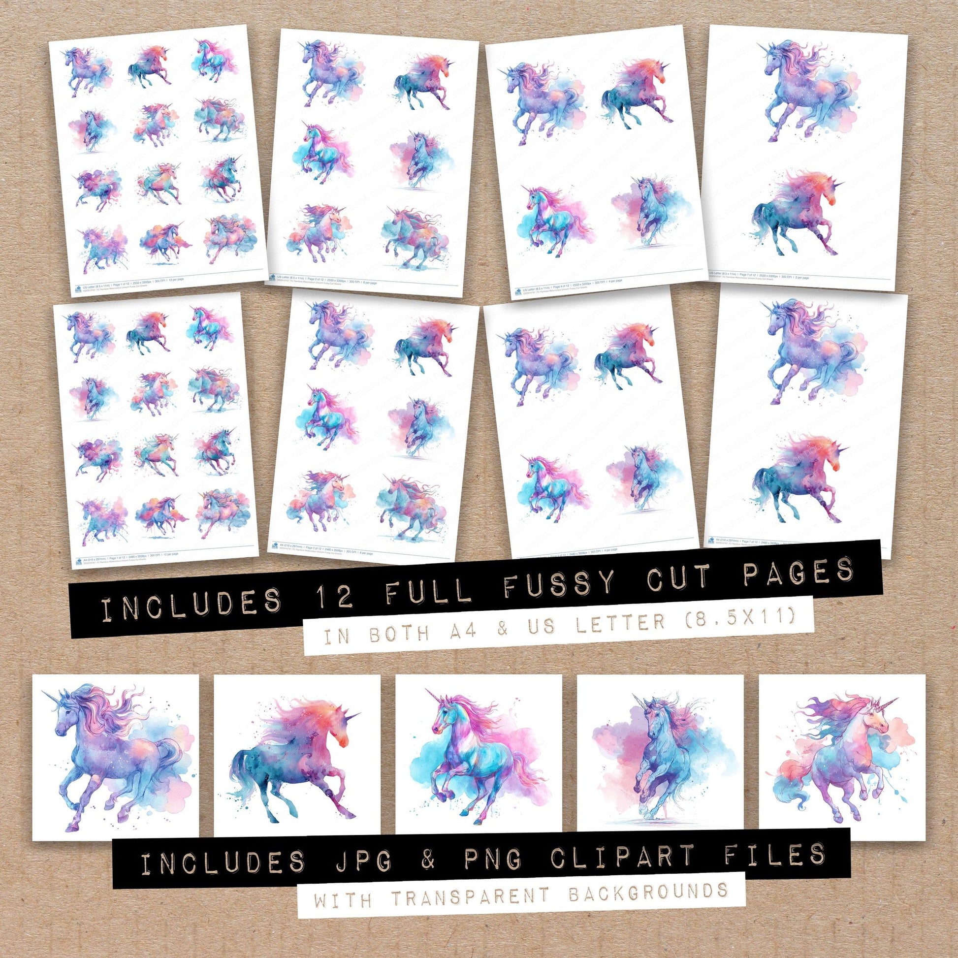 Full collection view of Rainbow Watercolour Unicorn fussy cut sheets with bonus clipart JPG and PNG files