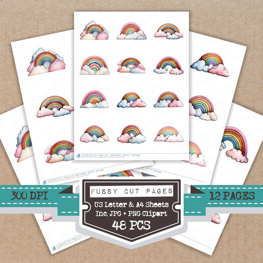 Rainbow with Clouds Watercolour fussy cut printable sheets for junk journaling, scrapbooking, and paper craft projects