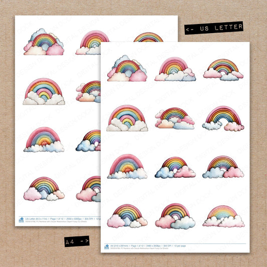 A4 and US Letter format comparison showing Rainbow with Clouds Watercolour fussy cut pages for print and cut crafting
