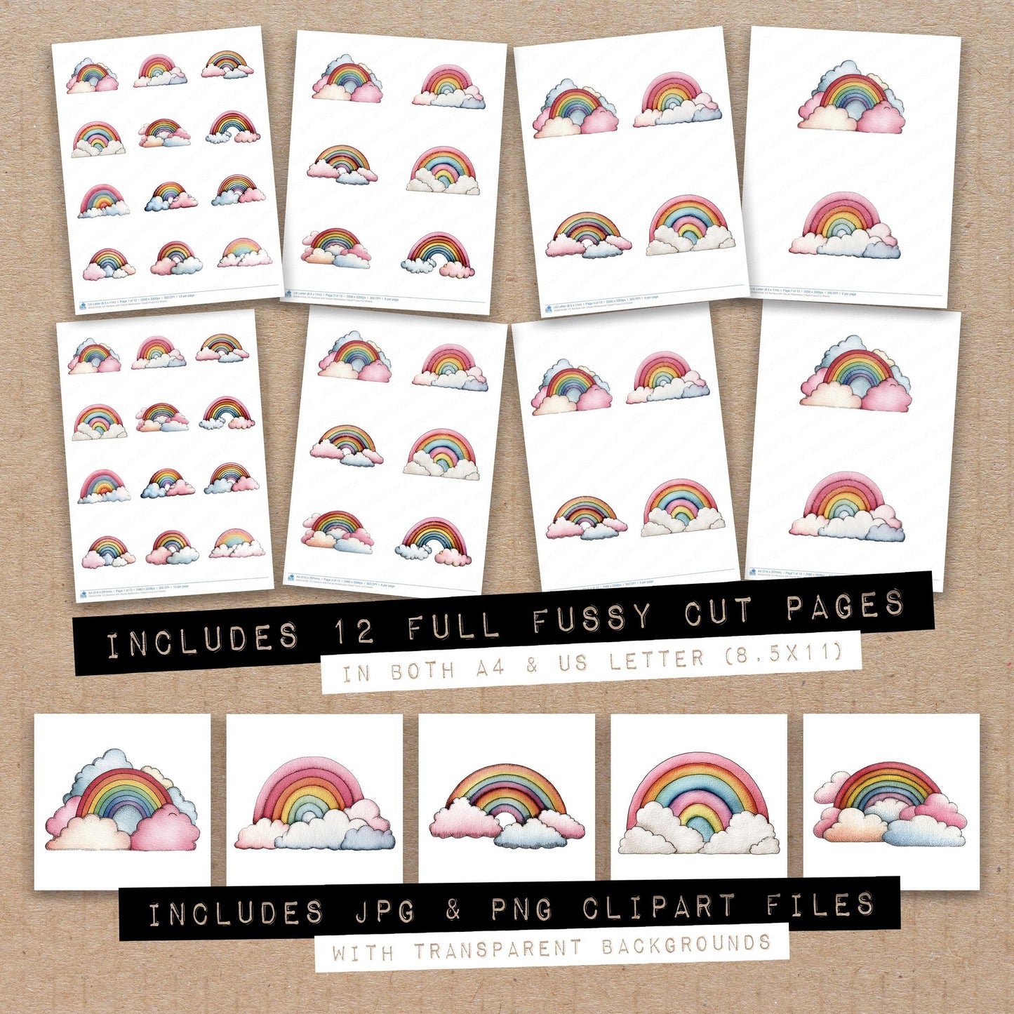 Full collection view of Rainbow with Clouds Watercolour fussy cut sheets with bonus clipart JPG and PNG files
