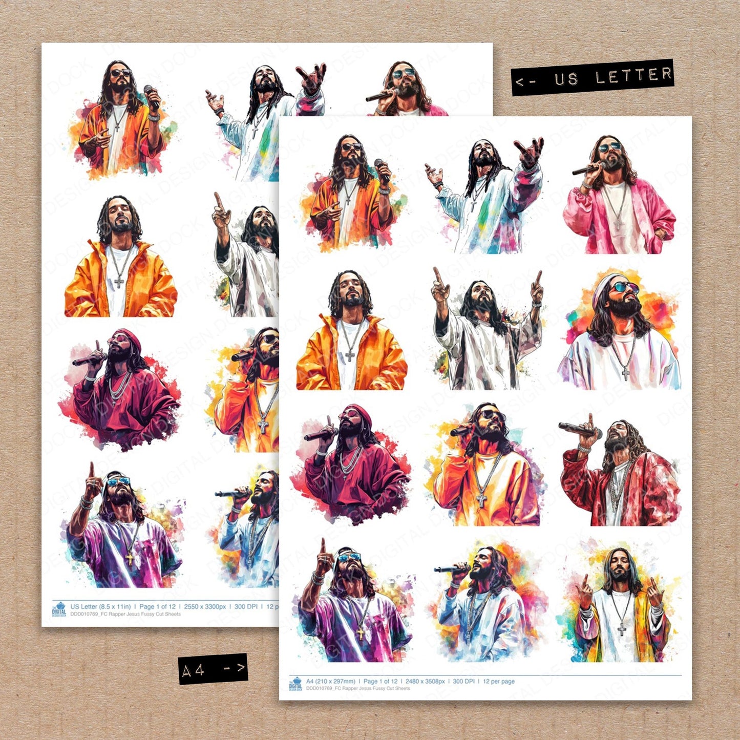 A4 and US Letter format comparison showing Rapper Jesus fussy cut pages for print and cut crafting