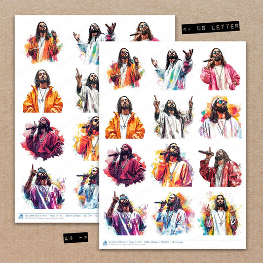A4 and US Letter format comparison showing Rapper Jesus fussy cut pages for print and cut crafting