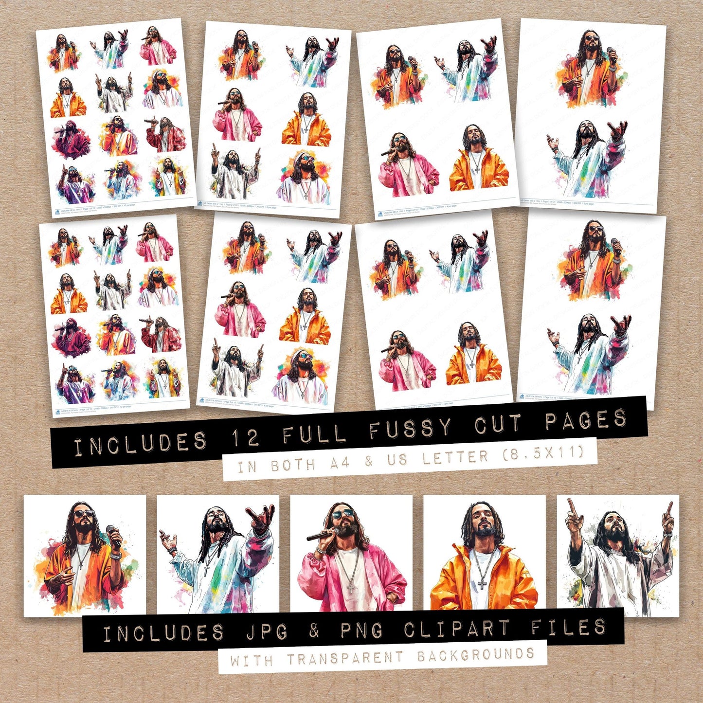 Full collection view of Rapper Jesus fussy cut sheets with bonus clipart JPG and PNG files