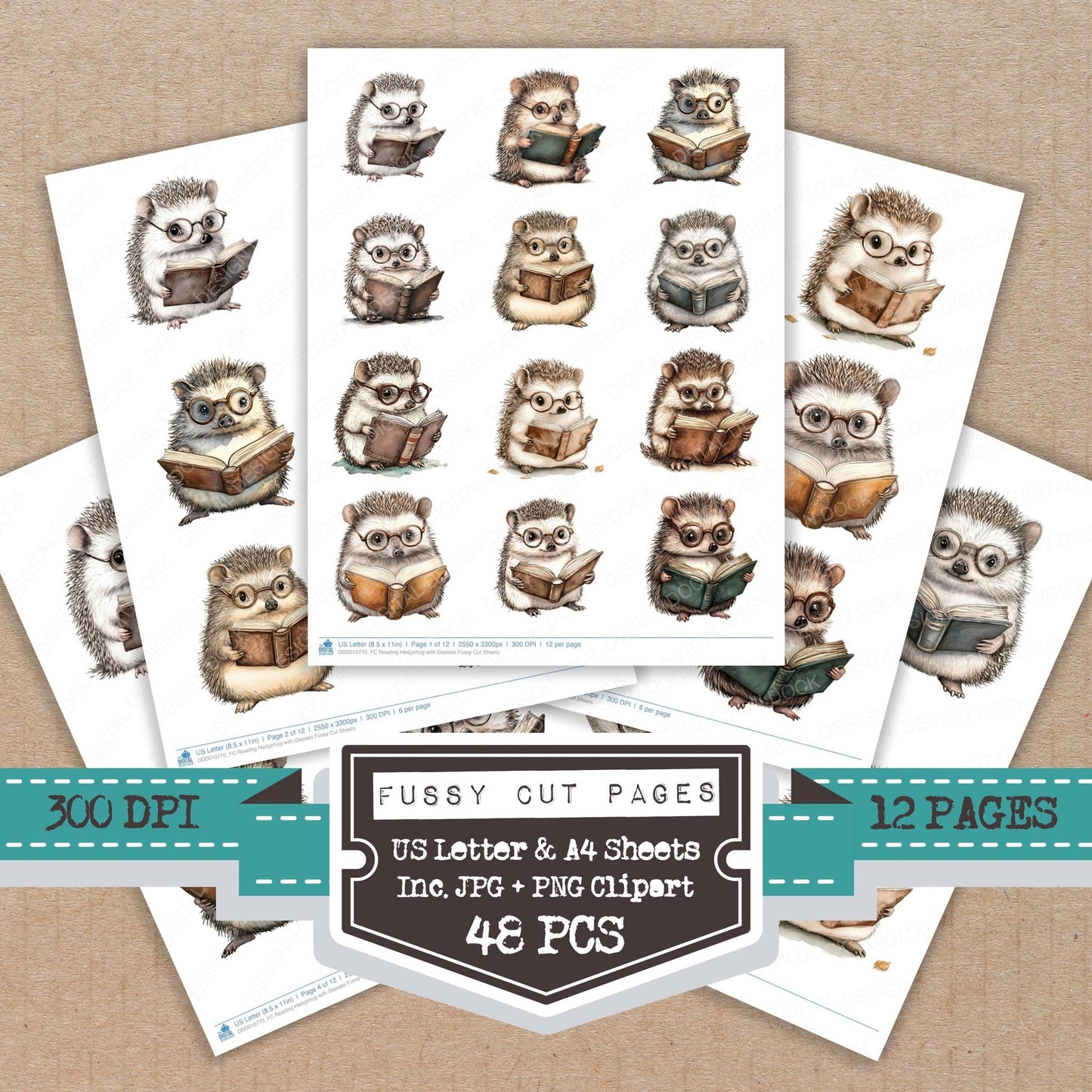 Reading Hedgehog with Glasses Fussy Cut Sheets (DDD010770)