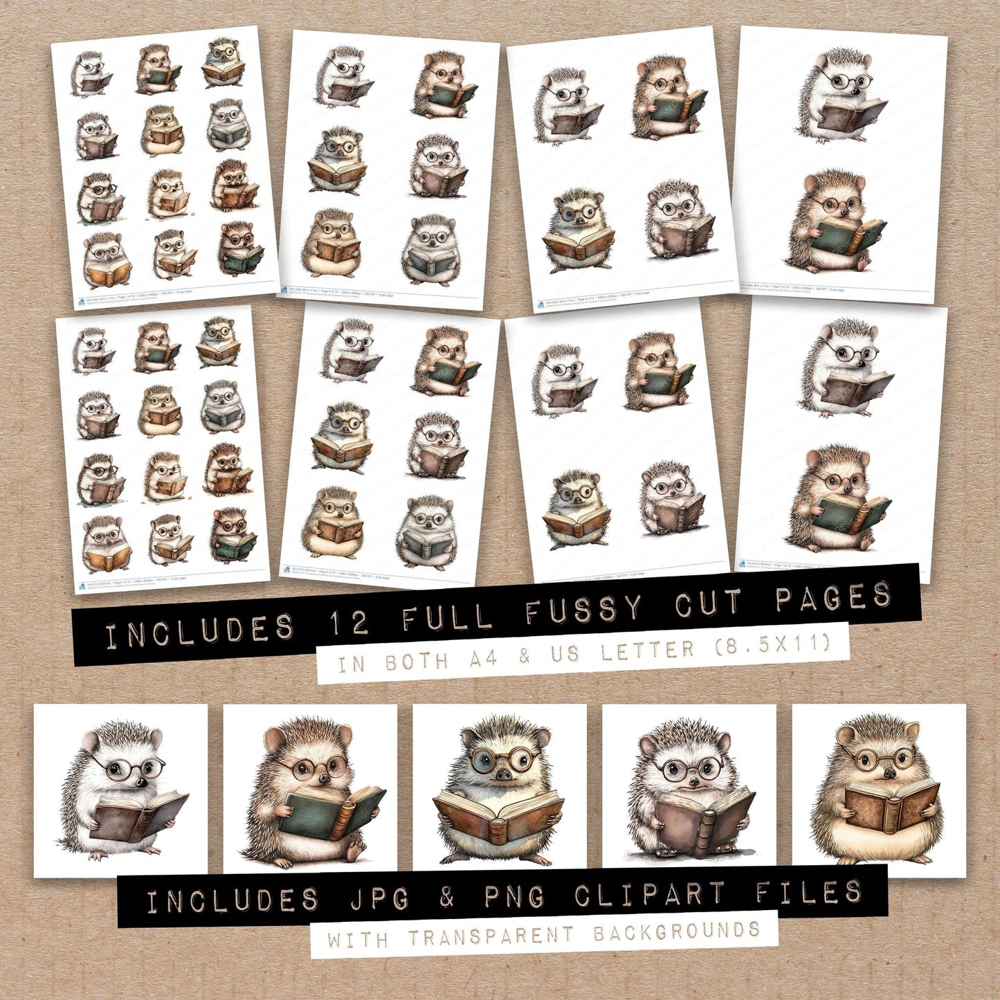 Reading Hedgehog with Glasses Fussy Cut Sheets (DDD010770)