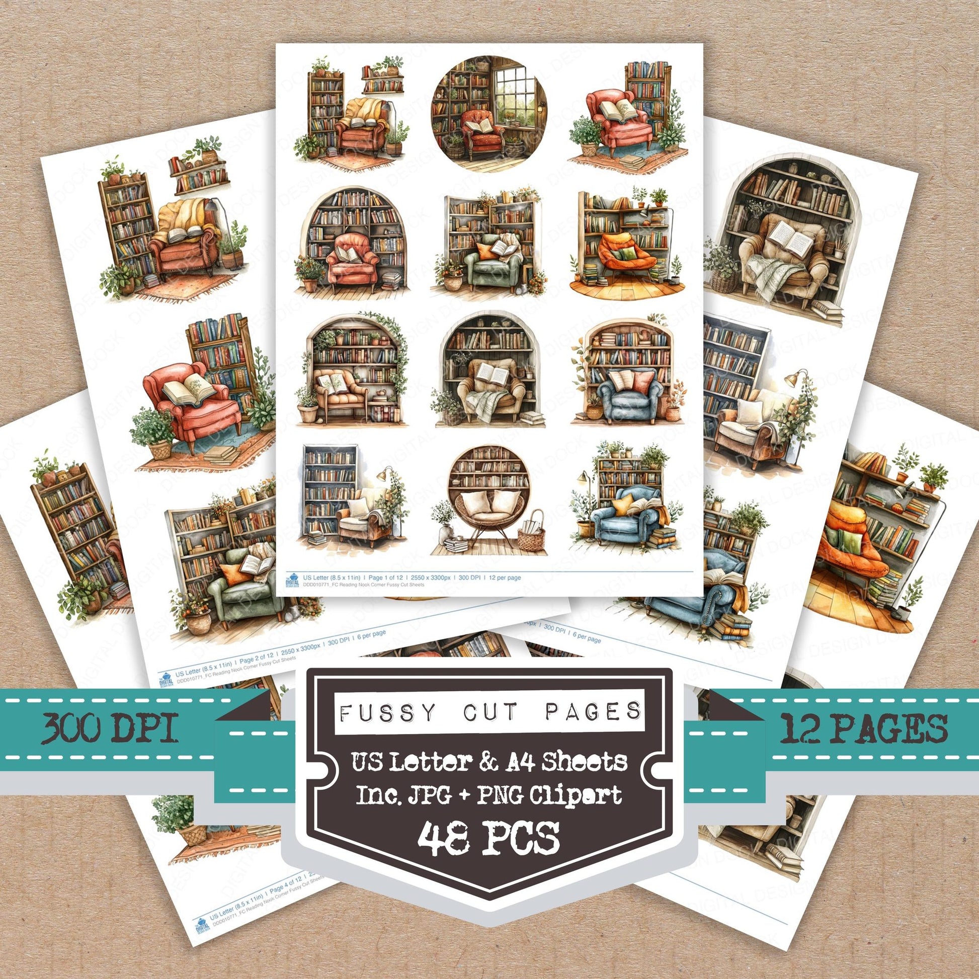Reading Nook Corner fussy cut printable sheets for junk journaling, scrapbooking, and paper craft projects