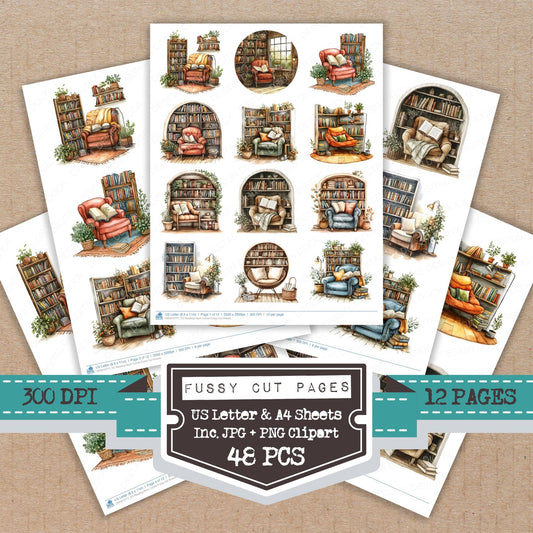 Reading Nook Corner fussy cut printable sheets for junk journaling, scrapbooking, and paper craft projects