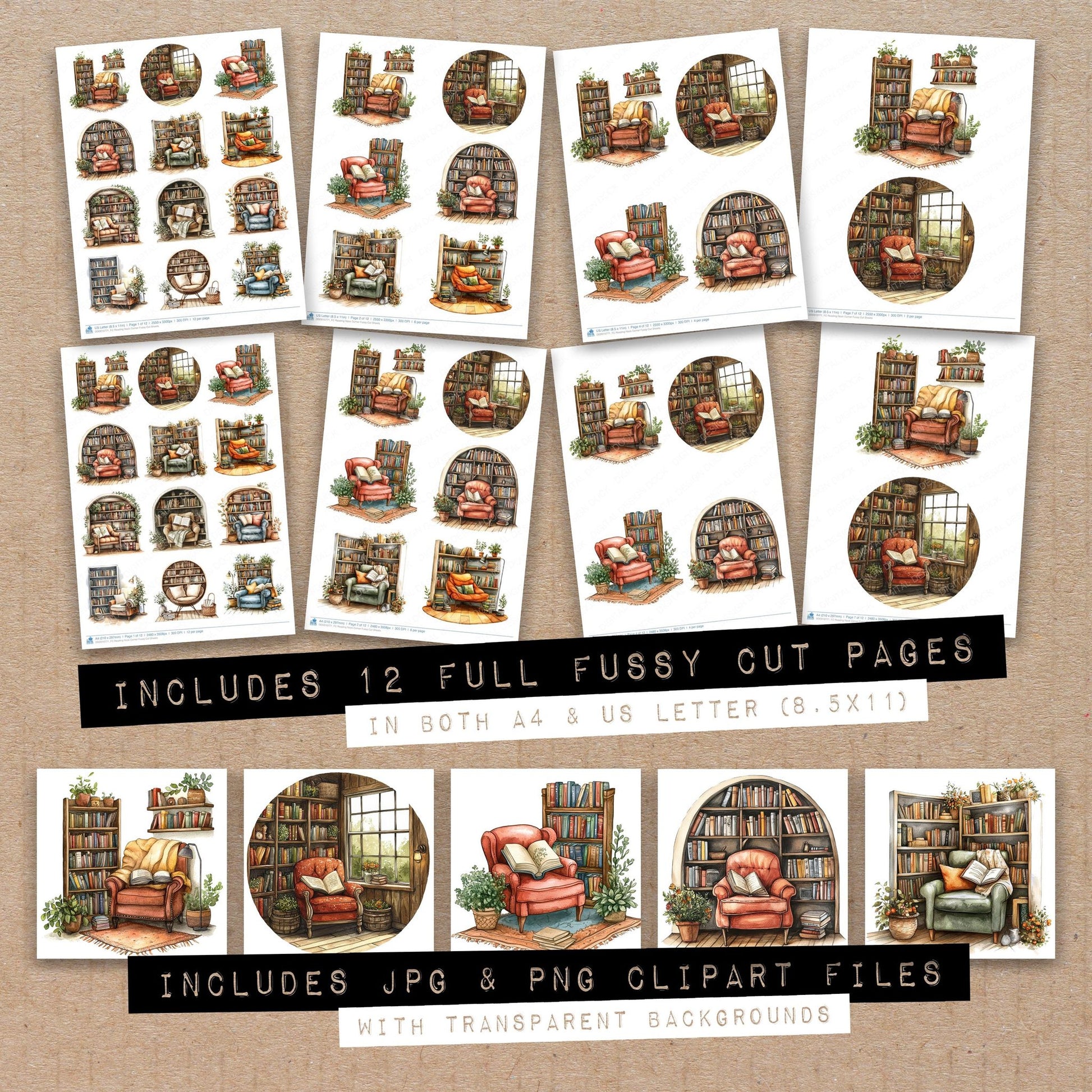 Full collection view of Reading Nook Corner fussy cut sheets with bonus clipart JPG and PNG files