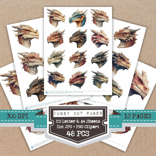 Realistic Dragon Portrait fussy cut printable sheets for junk journaling, scrapbooking, and paper craft projects