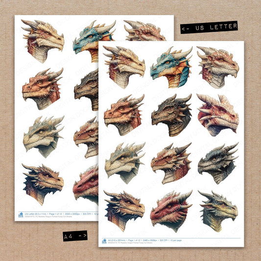 A4 and US Letter format comparison showing Realistic Dragon Portrait fussy cut pages for print and cut crafting