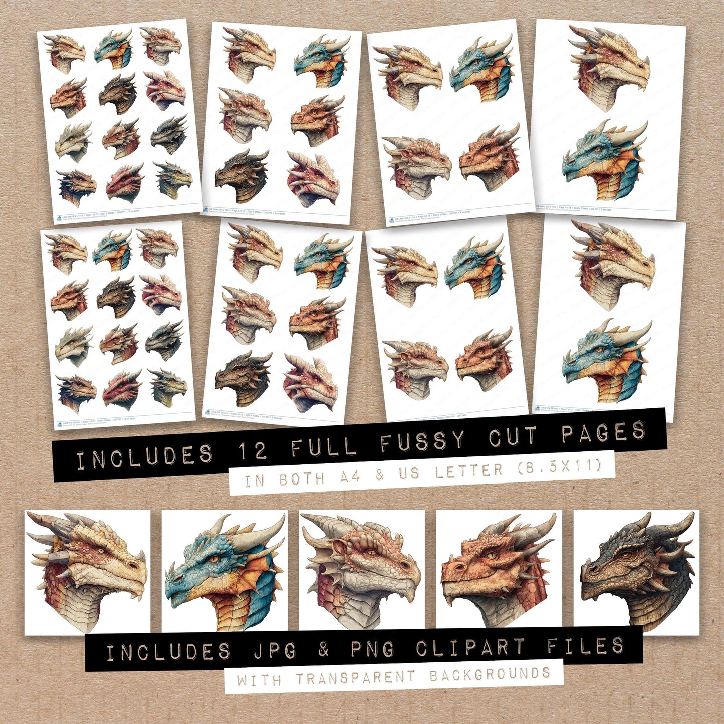 Full collection view of Realistic Dragon Portrait fussy cut sheets with bonus clipart JPG and PNG files