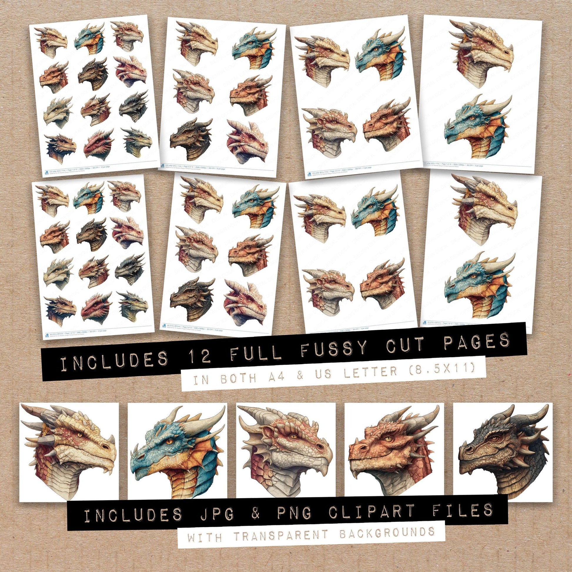 Full collection view of Realistic Dragon Portrait fussy cut sheets with bonus clipart JPG and PNG files