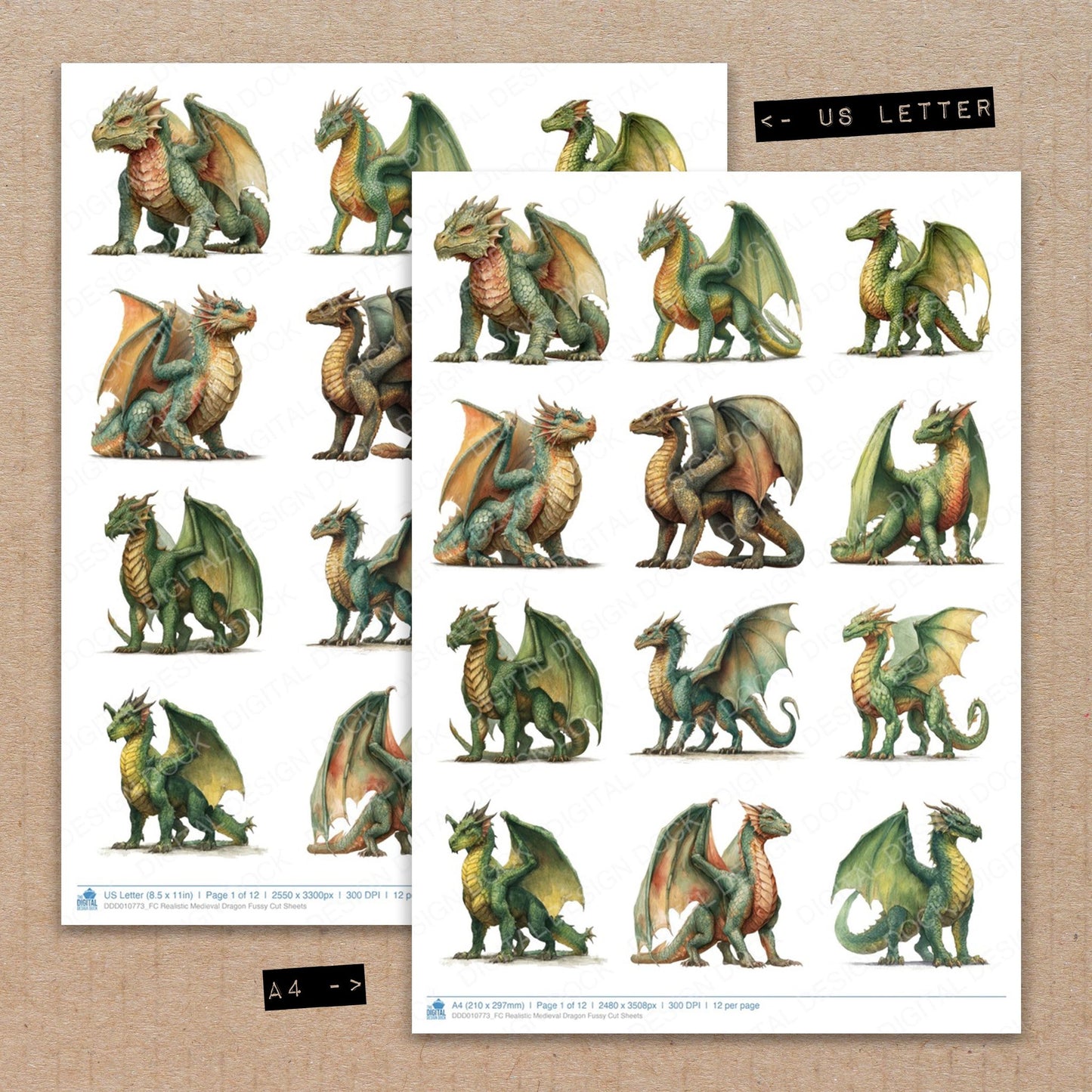 A4 and US Letter format comparison showing Realistic Medieval Dragon fussy cut pages for print and cut crafting