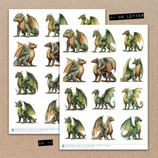 A4 and US Letter format comparison showing Realistic Medieval Dragon fussy cut pages for print and cut crafting