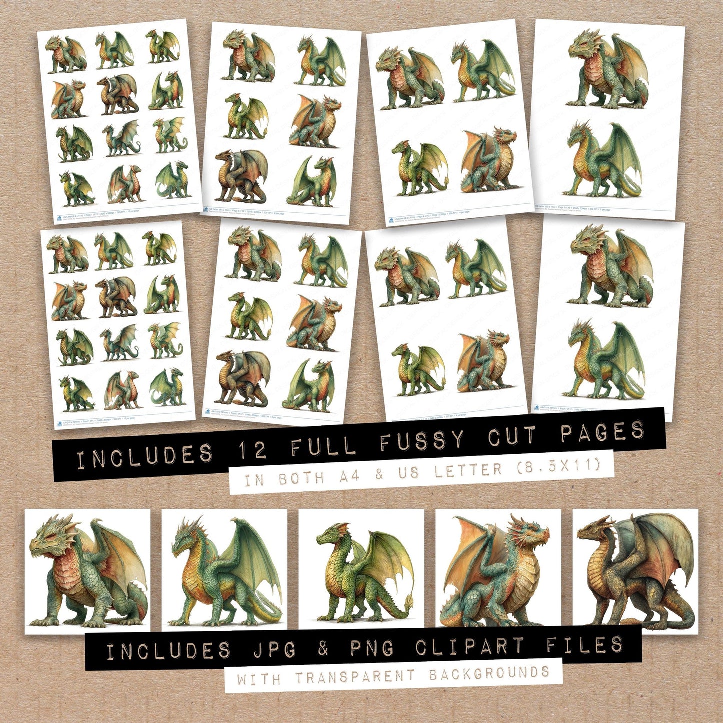 Full collection view of Realistic Medieval Dragon fussy cut sheets with bonus clipart JPG and PNG files