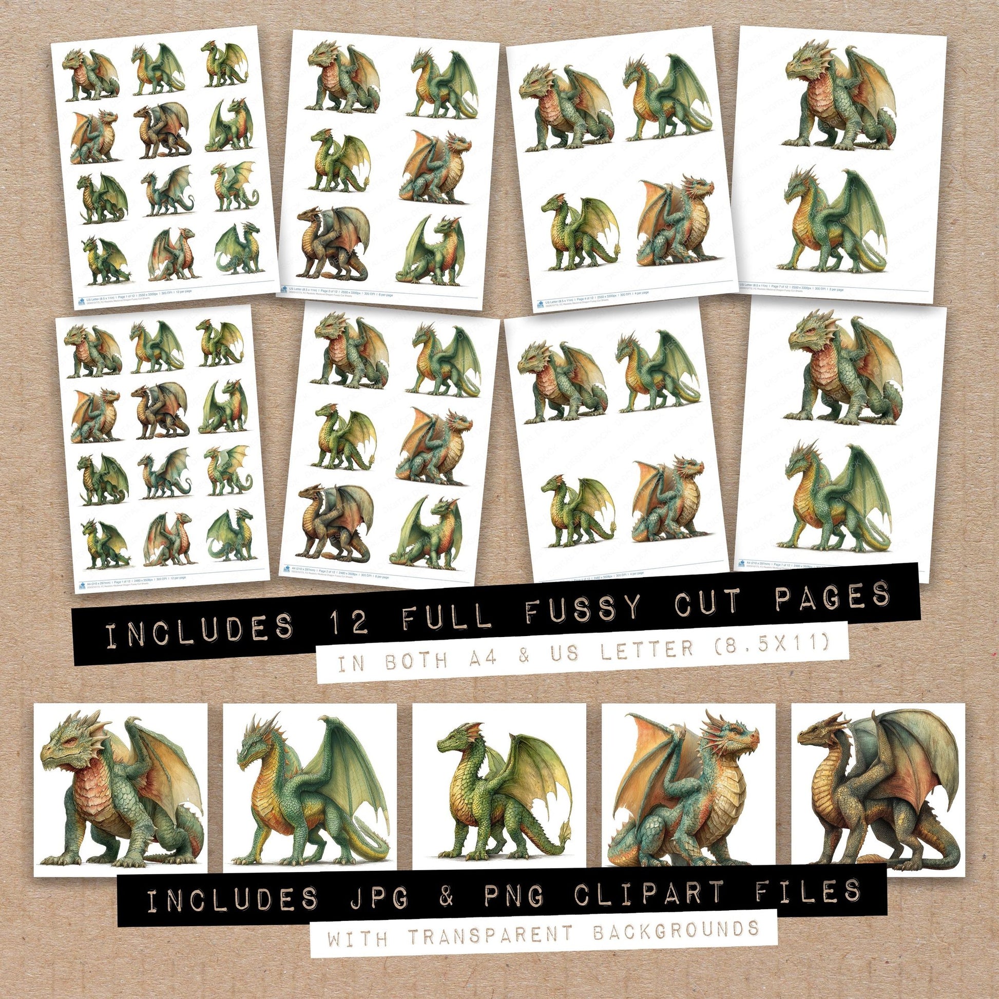 Full collection view of Realistic Medieval Dragon fussy cut sheets with bonus clipart JPG and PNG files